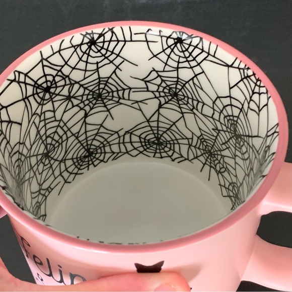 Feline Spooky Black Cat - Pink Halloween Mug with Spider Web Interior - Picture 11 of 13